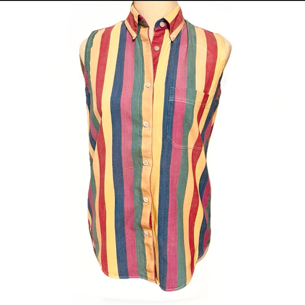 Krazy Kat 90s Sleeveless Striped Collared Button Up Shirt Size Small 100% Cotton